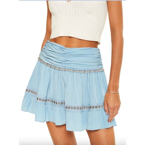 RAMY BROOK Skirt NEW Size 0 Esmeralda Blue Gold Mini Stretch Smocked Eyelet Lace - Picture 1 of 5